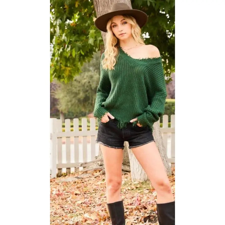 Frayed V Neck Sweater Main Strip