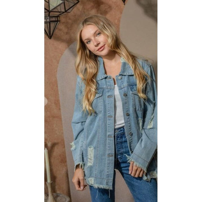 Distressed loose fit button down denim jacket