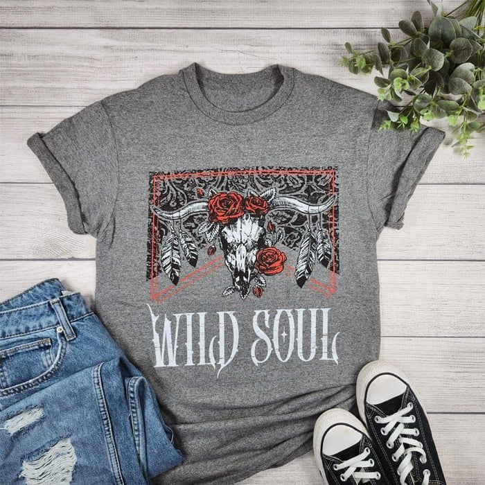 Wild Soul Cowskull With Red Roses T-shirt