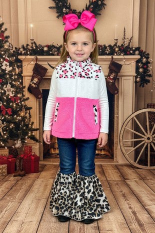 Leopard Pink Colorblock Fleece Girls Vest