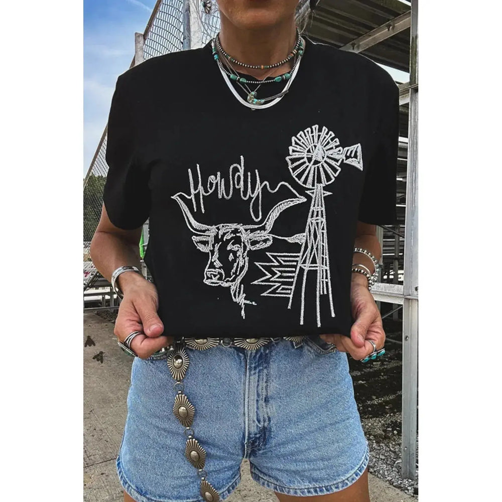 Black Howdy Western Cow Embroidered O Neck T Shirt Dear lover