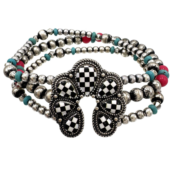 Checkered Print Western Squash Blossom Bead Bracelet