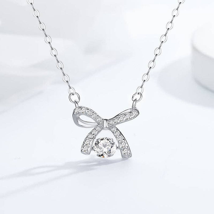 Bow Bowknot Dancing Stone Necklace in 925 Sterling Silver