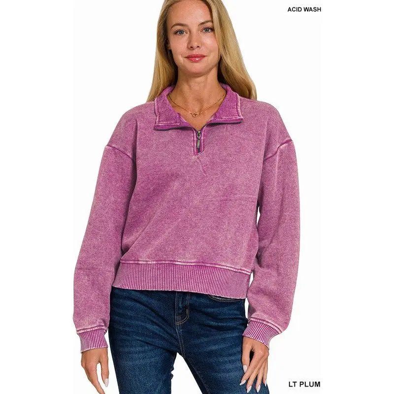Acid Wash Fleece Half Zip Pullover - LECCE