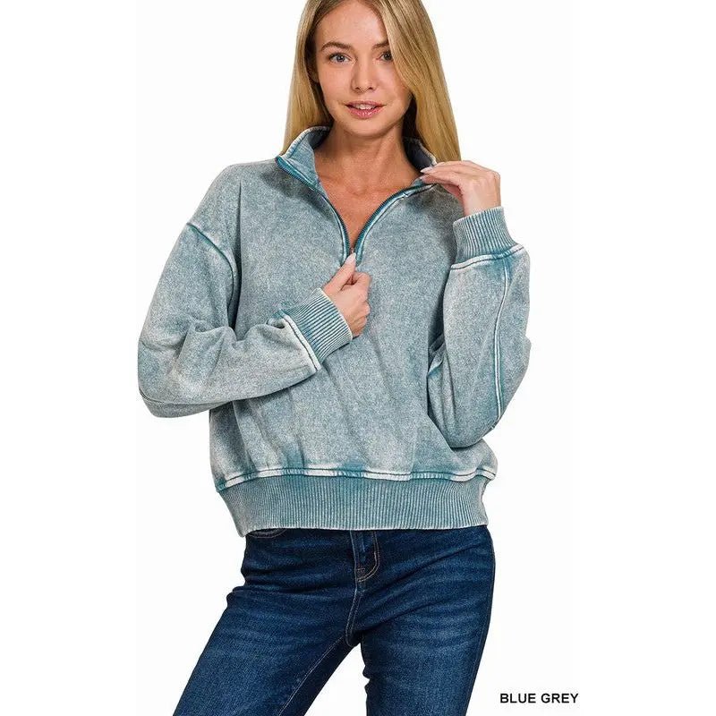 Acid Wash Fleece Half Zip Pullover - LECCE