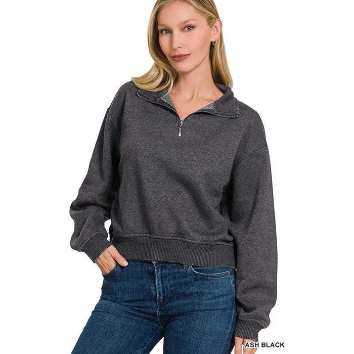 Acid Wash Fleece Half Zip Pullover - LECCE