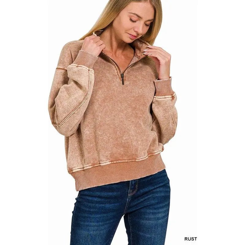 Acid Wash Fleece Half Zip Pullover - LECCE