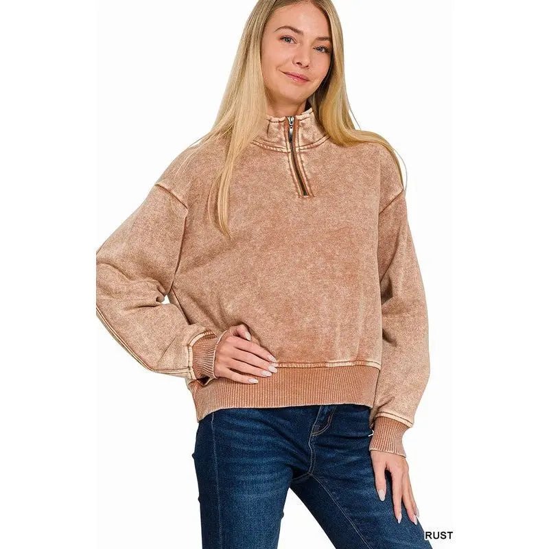 Acid Wash Fleece Half Zip Pullover - LECCE