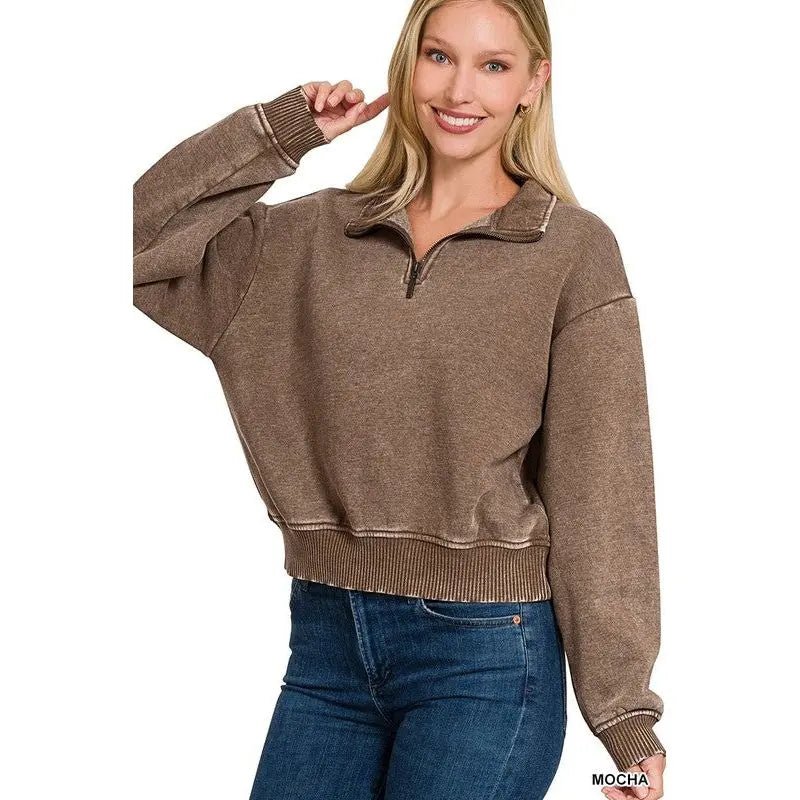 Acid Wash Fleece Half Zip Pullover - LECCE