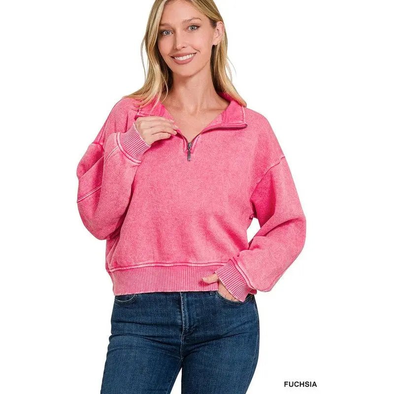 Acid Wash Fleece Half Zip Pullover - LECCE