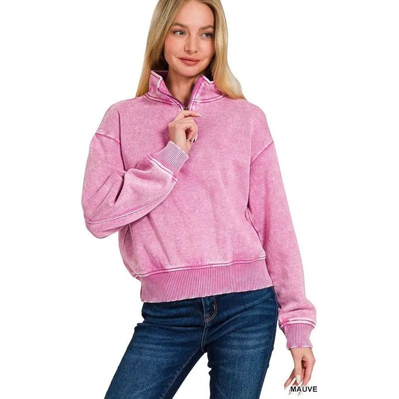 Acid Wash Fleece Half Zip Pullover - LECCE
