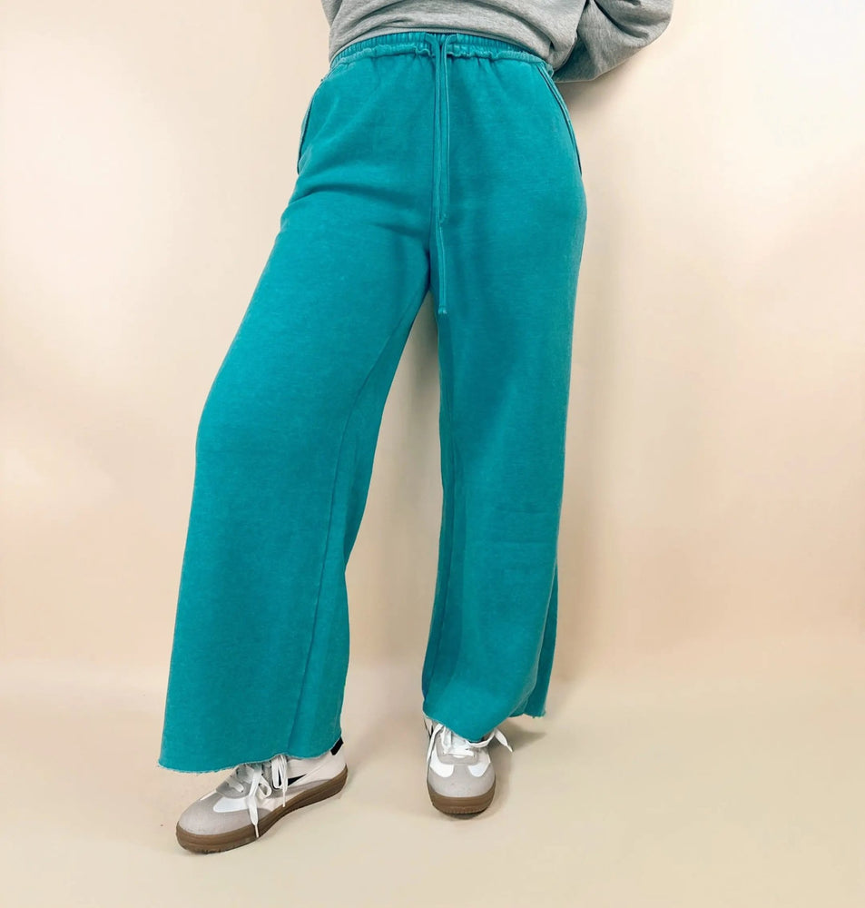 Acid Wash Fleece Palazzo Sweatpants With Pockets - LECCE