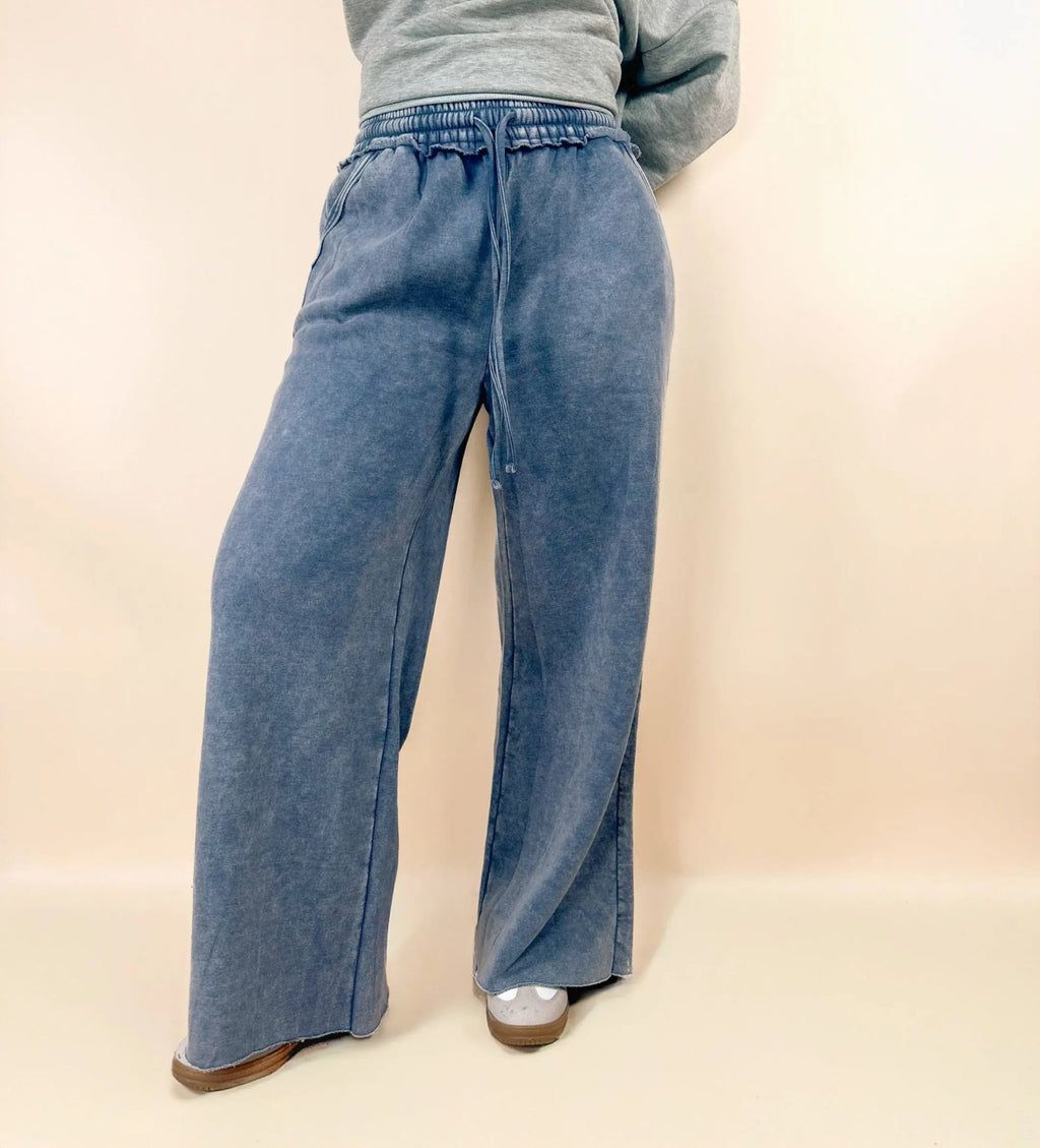 Acid Wash Fleece Palazzo Sweatpants With Pockets