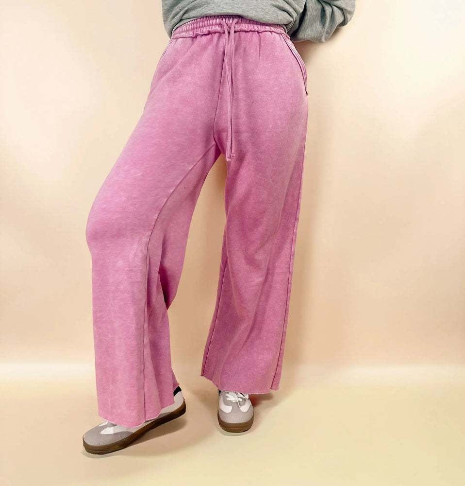 Acid Wash Fleece Palazzo Sweatpants With Pockets - LECCE