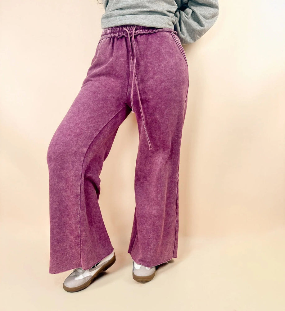 Acid Wash Fleece Palazzo Sweatpants With Pockets - LECCE