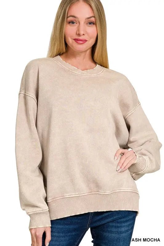 Acid Wash Oversized Fleece Pullover - LECCE