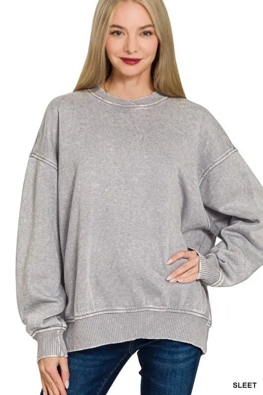 Acid Wash Oversized Fleece Pullover - LECCE