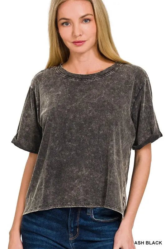 Acid Wash Roll - Short Sleeve Crop Top - LECCE