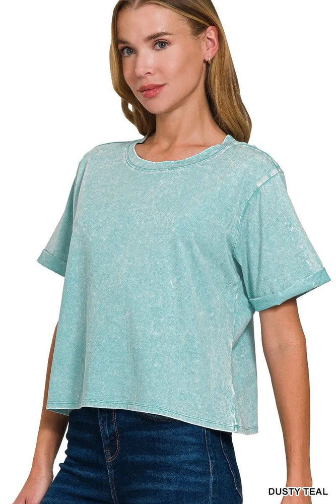 Acid Wash Roll - Short Sleeve Crop Top - LECCE