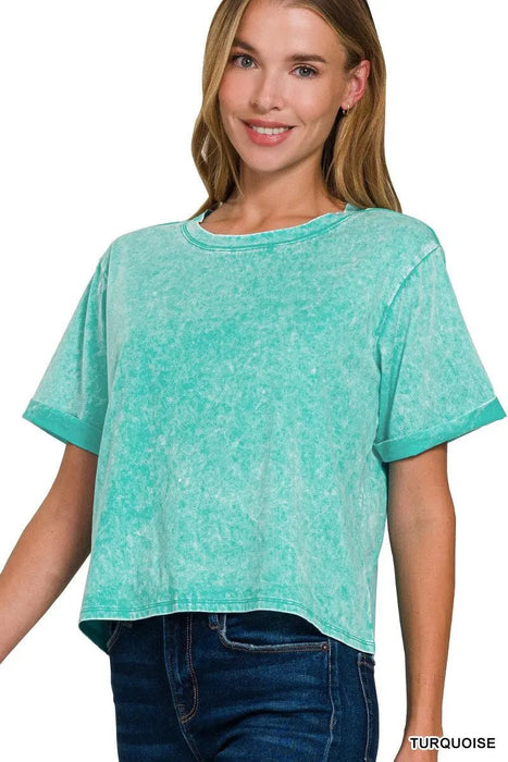 Acid Wash Roll - Short Sleeve Crop Top - LECCE