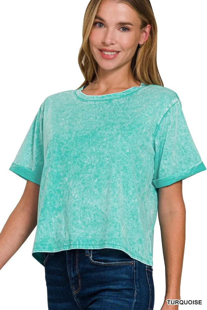 Acid Wash Roll - Short Sleeve Crop Top - LECCE