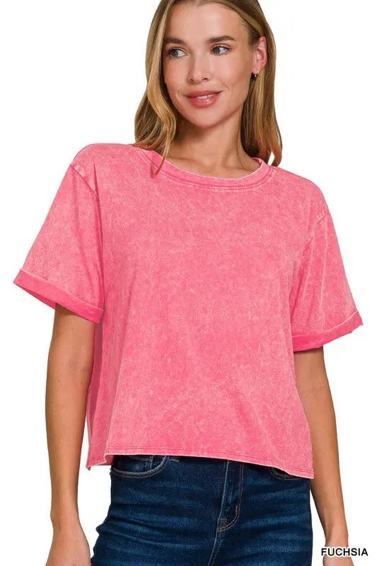 Acid Wash Roll - Short Sleeve Crop Top - LECCE