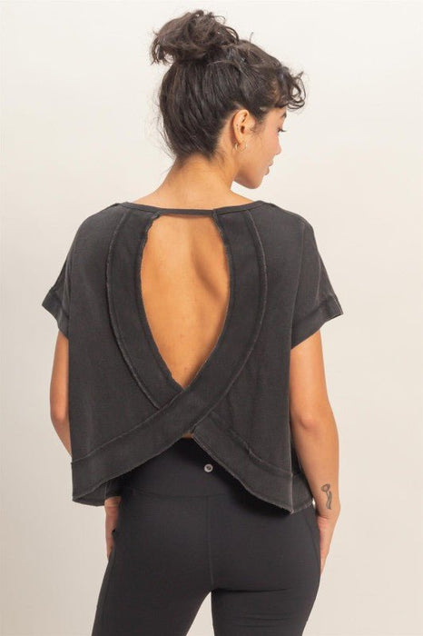 Acid Washed Cross Detail Open Back Top - LECCE