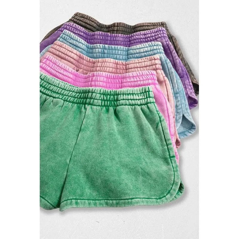 Acid Washed Elastic Waistband Dolphin Shorts - LECCE