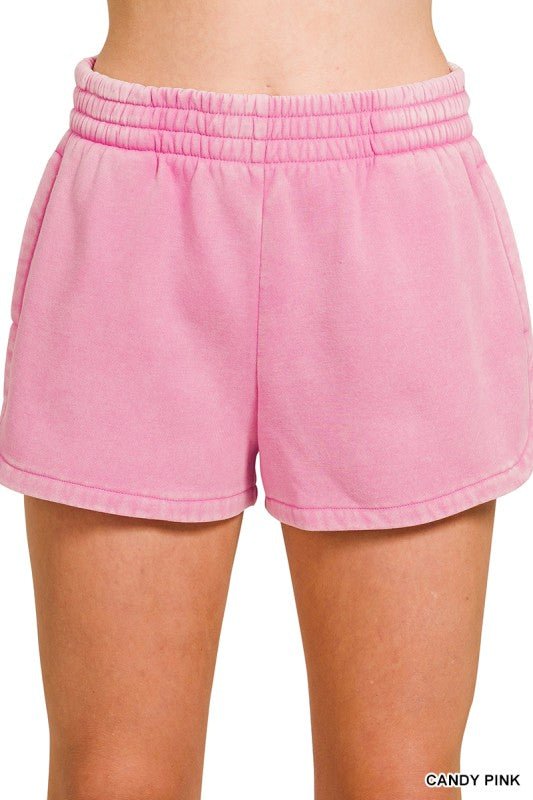Acid Washed Elastic Waistband Dolphin Shorts - LECCE