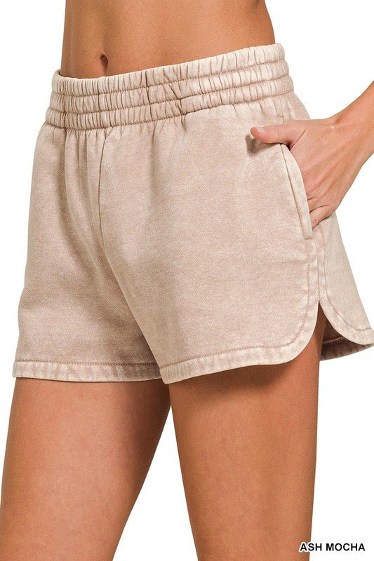 Acid Washed Elastic Waistband Dolphin Shorts - LECCE