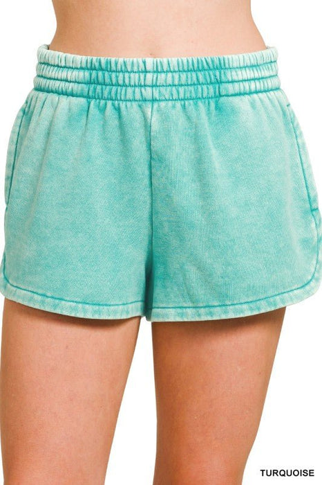 Acid Washed Elastic Waistband Dolphin Shorts - LECCE