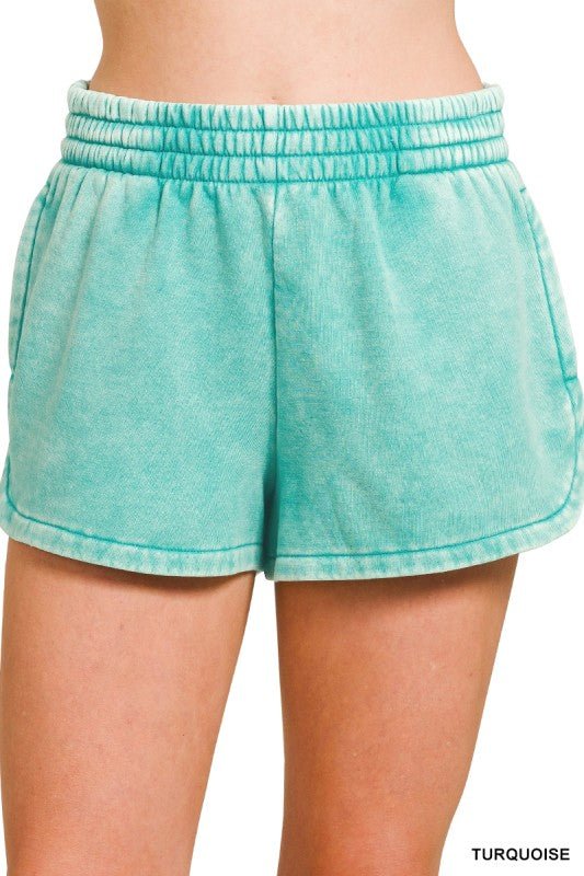 Acid Washed Elastic Waistband Dolphin Shorts - LECCE