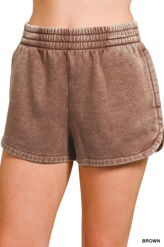 Acid Washed Elastic Waistband Dolphin Shorts - LECCE