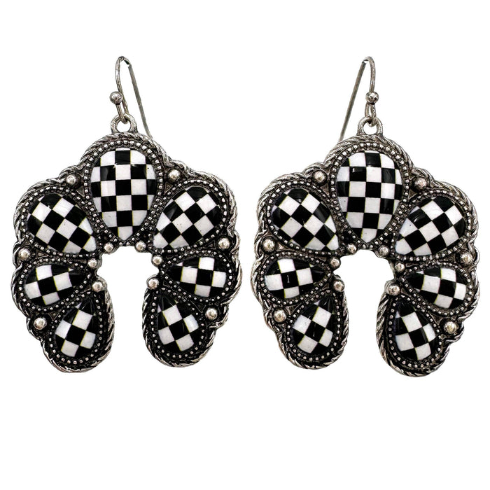 Checkered Print Western Squash Blossom Earrings