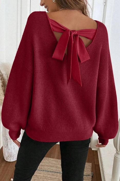 Ribbed Backless Ribbon Knot Sweater