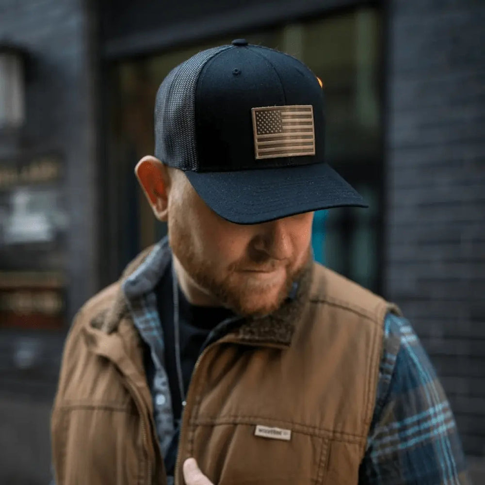 American Flag Hat | Leather Patch Trucker Hat - LECCE