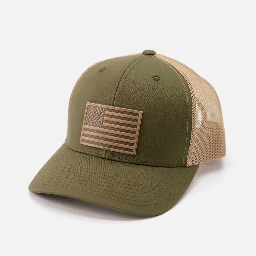 American Flag Hat | Leather Patch Trucker Hat - LECCE