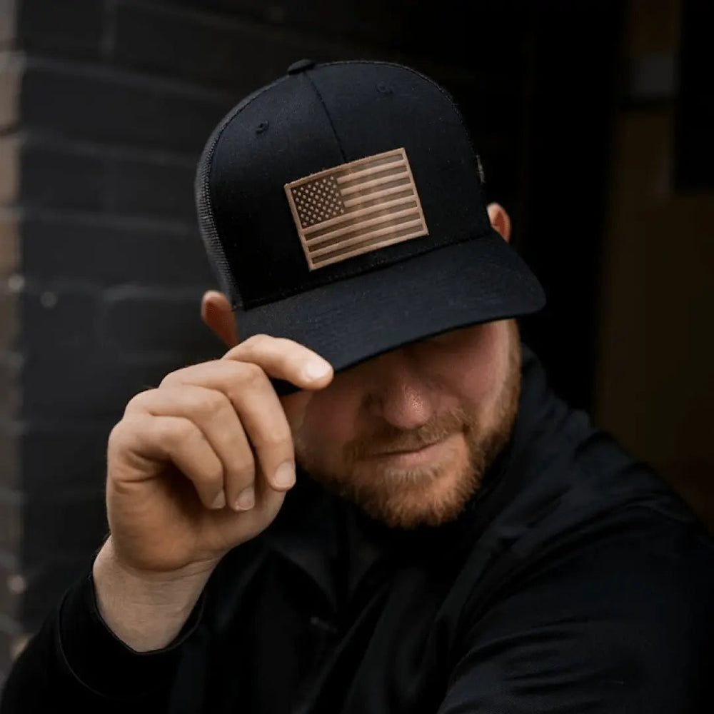 American Flag Hat | Leather Patch Trucker Hat - LECCE