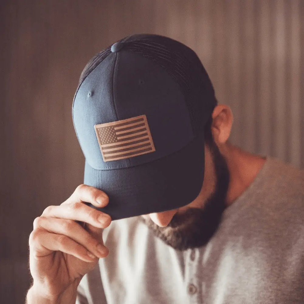 American Flag Hat | Leather Patch Trucker Hat - LECCE