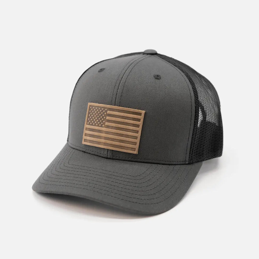 American Flag Hat | Leather Patch Trucker Hat - LECCE