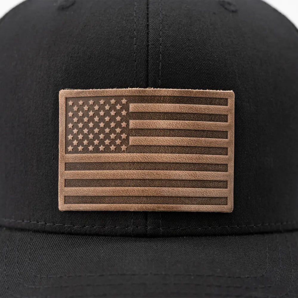 American Flag Hat | Leather Patch Trucker Hat - LECCE