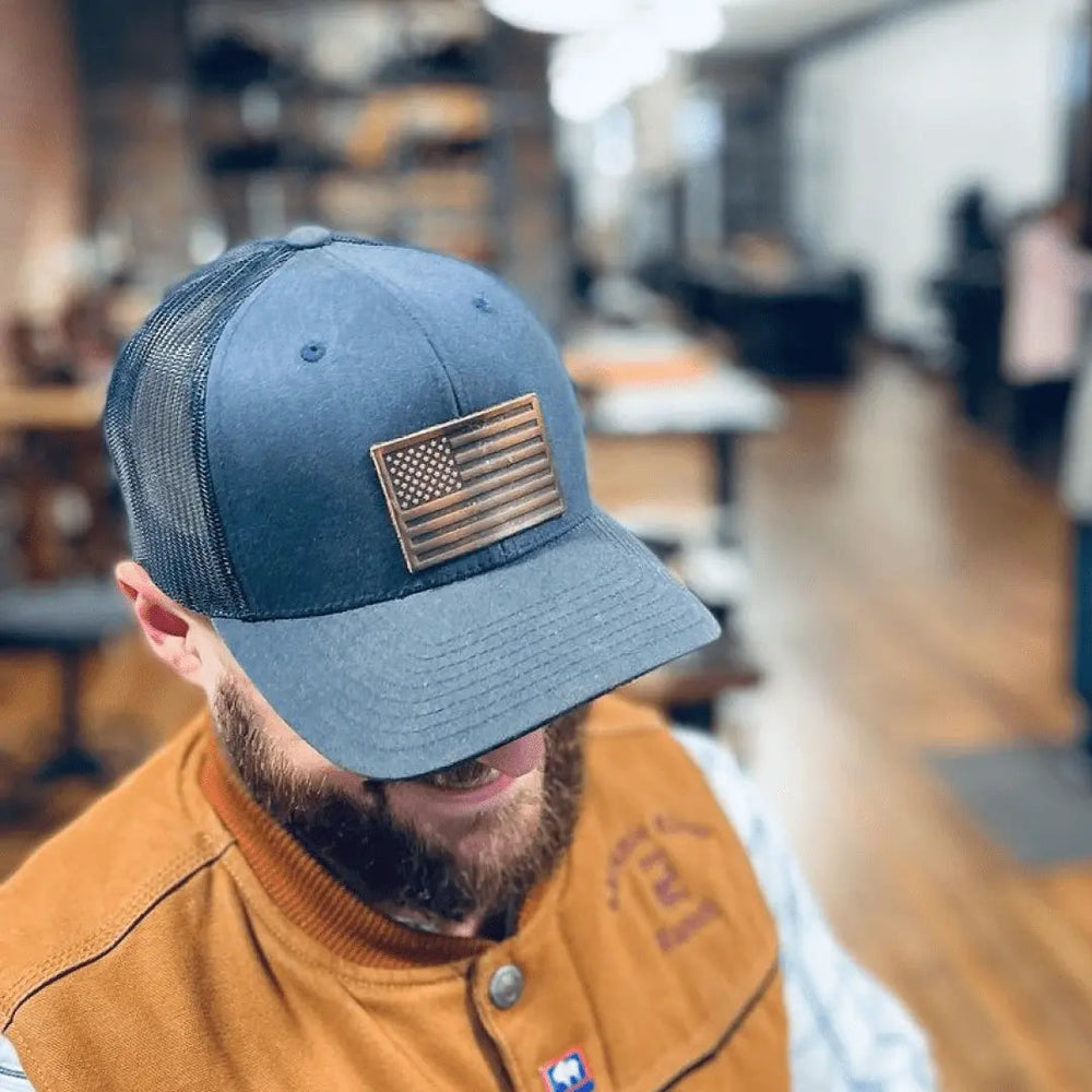 American Flag Hat | Leather Patch Trucker Hat - LECCE
