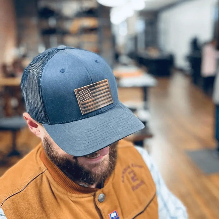 American Flag Hat | Leather Patch Trucker Hat - LECCE