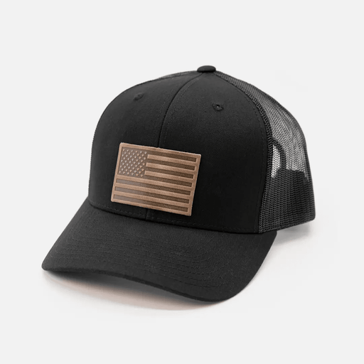 American Flag Hat | Leather Patch Trucker Hat - LECCE