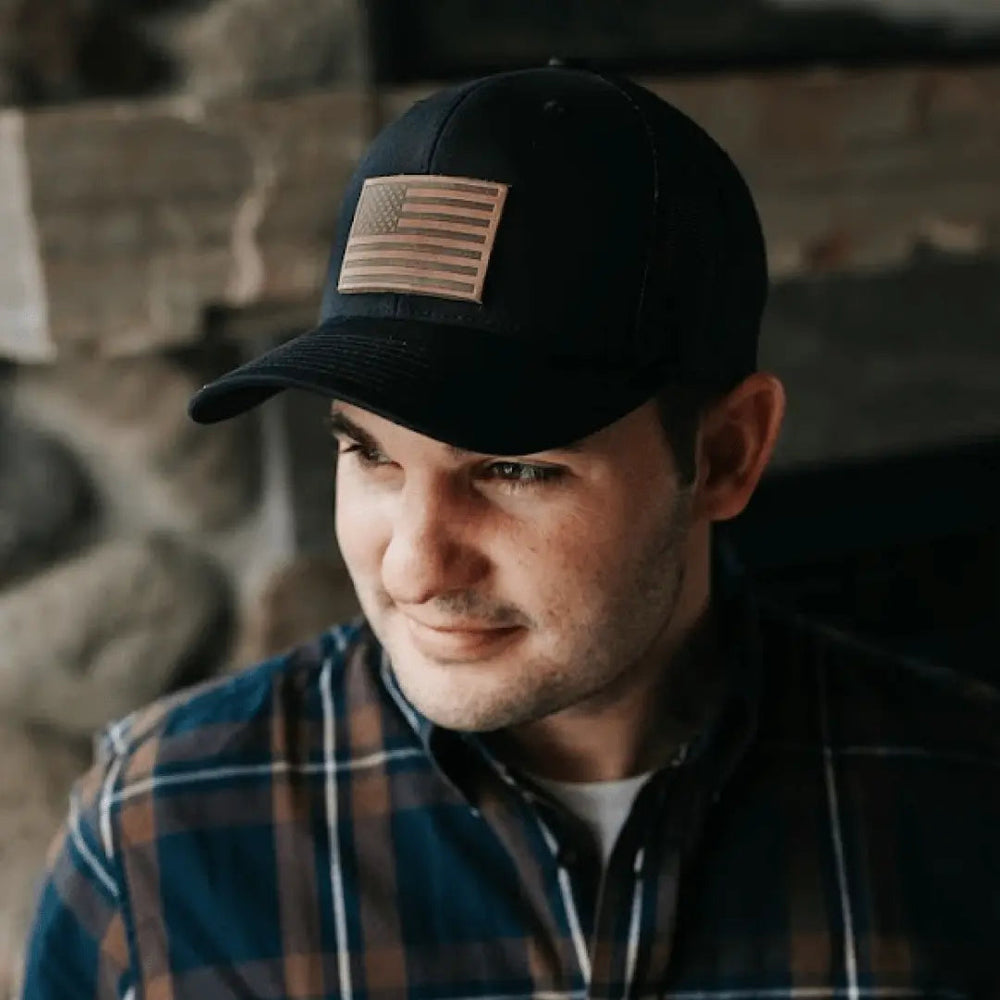 American Flag Hat | Leather Patch Trucker Hat - LECCE