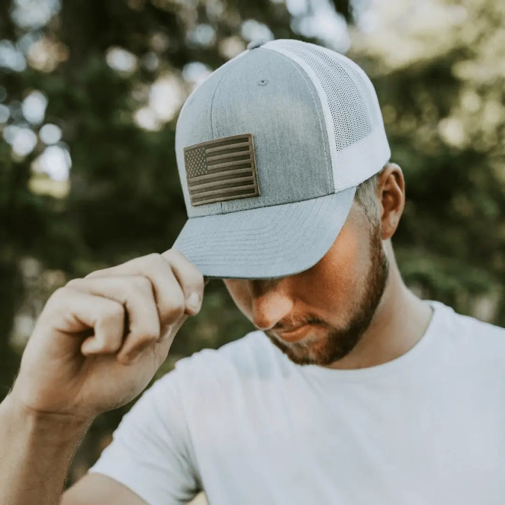 American Flag Hat | Leather Patch Trucker Hat - LECCE