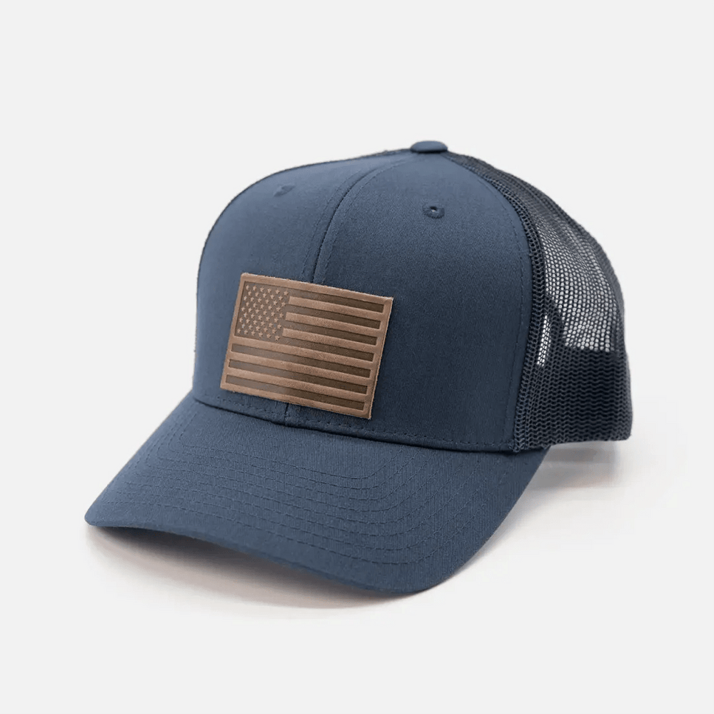 American Flag Hat | Leather Patch Trucker Hat - LECCE