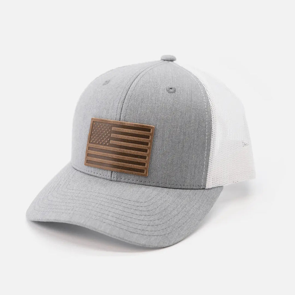 American Flag Hat | Leather Patch Trucker Hat - LECCE