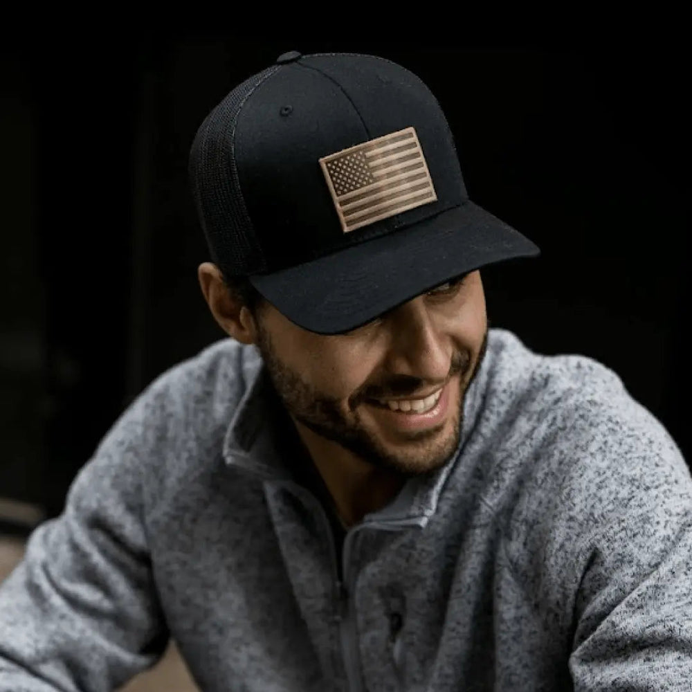 American Flag Hat | Leather Patch Trucker Hat - LECCE