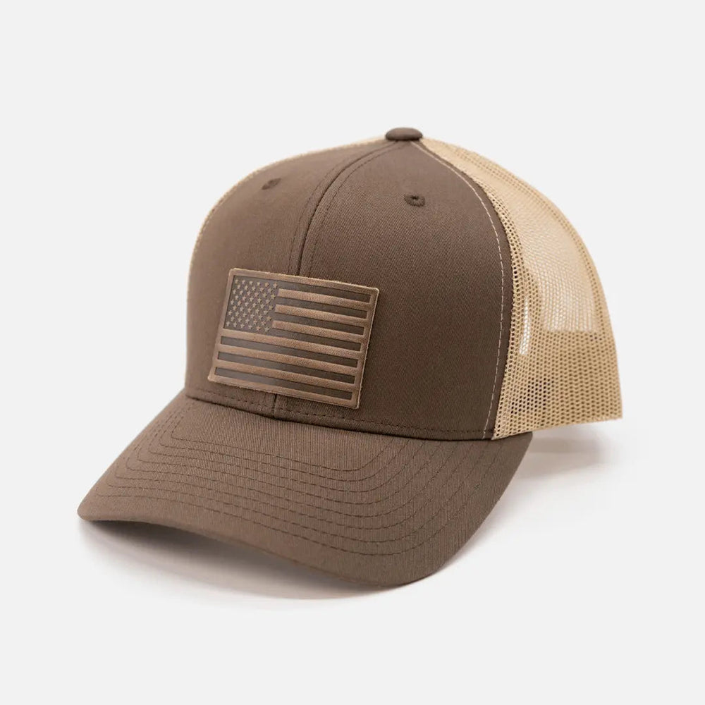 American Flag Hat | Leather Patch Trucker Hat - LECCE